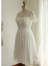 Lace Chiffon Short Sleeves Knee Length Wedding Dress